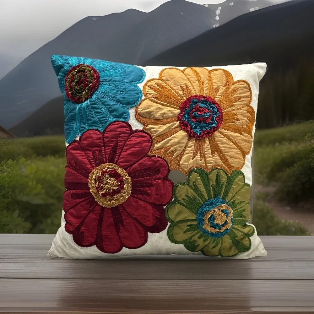 Pier 1 Imports Embroidered Floral Pillow Red Blue Green Yellow 18